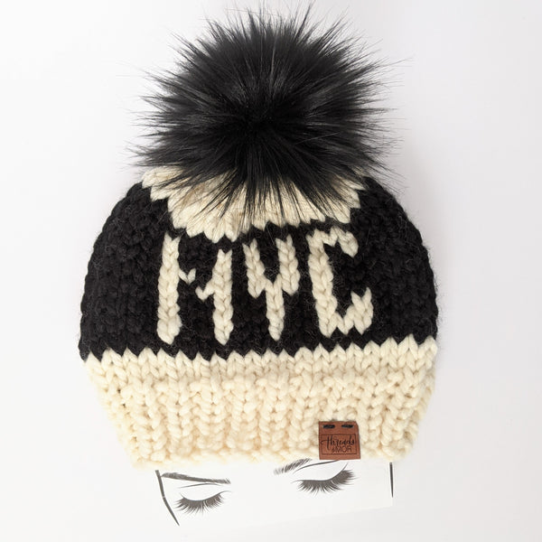 York Beanie - Flax and Black - Pom Pom Hat